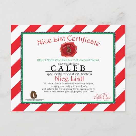 Santa Claus Nice Lijst Aangepaste Certificaat Brie Feestdagenkaart (Voorkant)