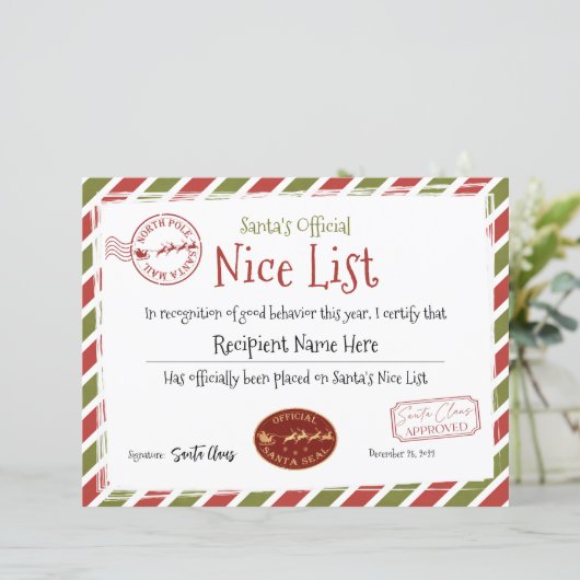 Santa Claus Nice List, Santa Nice List Certificate (Staand voorkant)