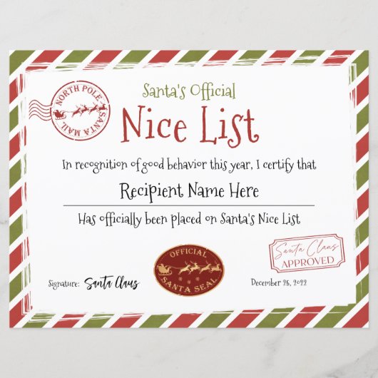 Santa Claus Nice List, Santa Nice List Certificate (Voorkant)
