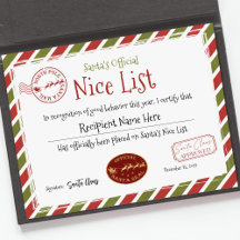 Santa Claus Nice List, Santa Nice List Certificate
