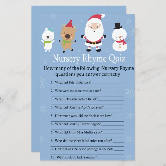 Santa Claus Nursery Rhyme Quiz baby shower game (Voorkant / Achterkant)