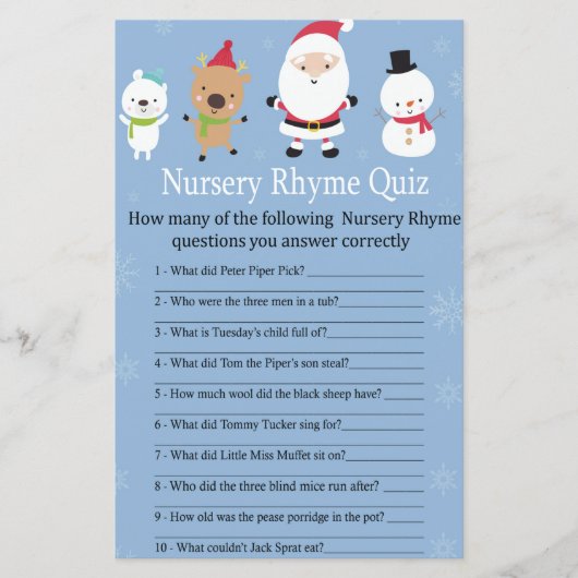 Santa Claus Nursery Rhyme Quiz baby shower game (Voorkant)