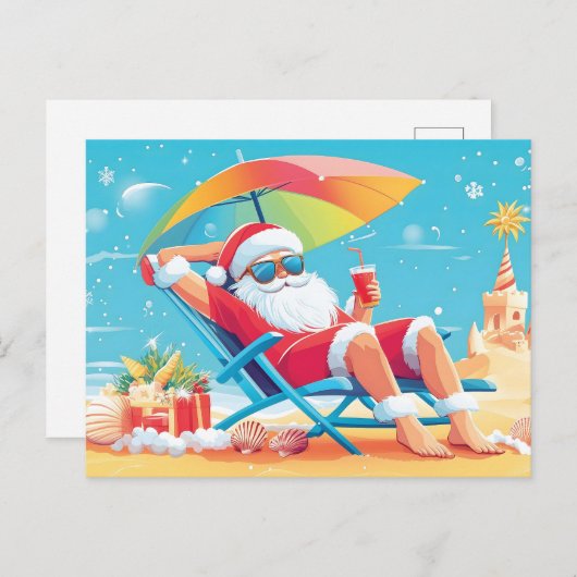 Santa Claus Ontspannen op een tropisch strand Zonn Feestdagenkaart (Voorkant / Achterkant)