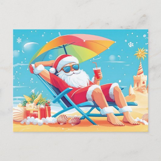 Santa Claus Ontspannen op een tropisch strand Zonn Feestdagenkaart (Voorkant)