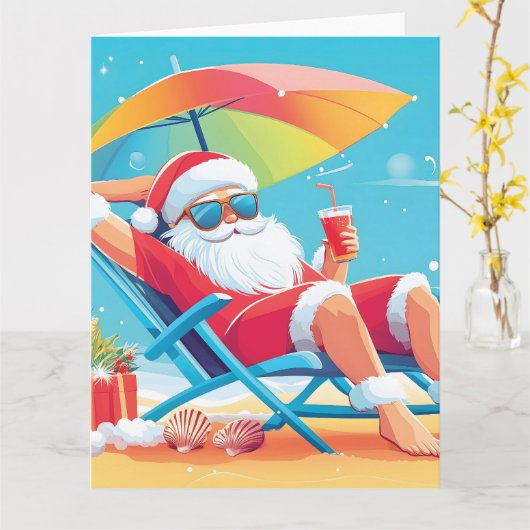 Santa Claus Ontspannen op een tropisch strand Zonn Kaart (Gele Bloem)