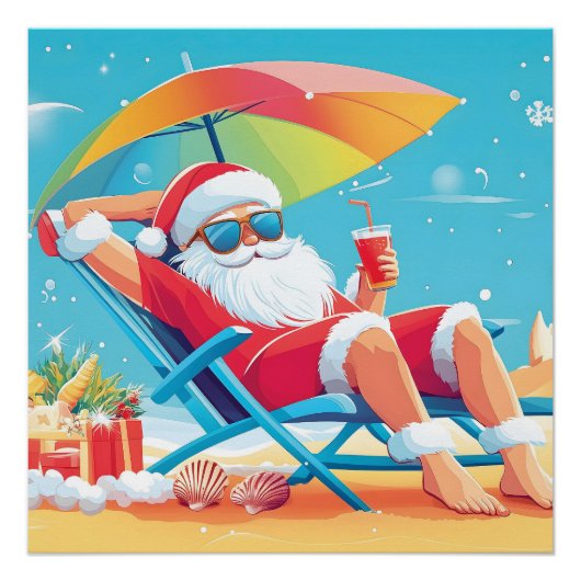 Santa Claus Ontspannen op een tropisch strand Zonn Perfect Poster (Voorkant)