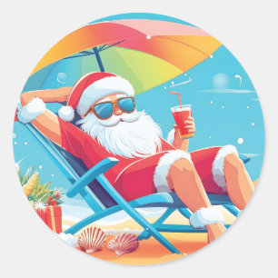 Santa Claus Ontspannen op een tropisch strand Zonn Ronde Sticker