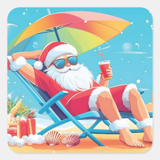 Santa Claus Ontspannen op een tropisch strand Zonn Vierkante Sticker (Voorkant)