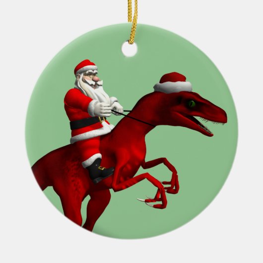 Santa Claus op Dinosaur Keramisch Ornament (Voorkant)