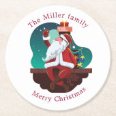 santa claus op het dak vrolijk kerstmonogram ronde kartonnen onderzetter (Voorkant)