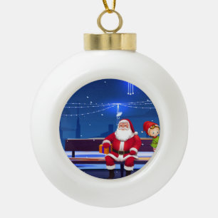 Santa Claus op Park bank Keramische Bal Ornament