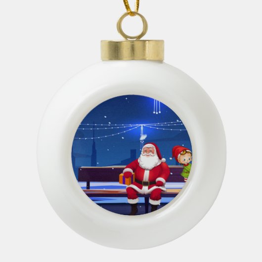 Santa Claus op Park bank Keramische Bal Ornament (Voorkant)