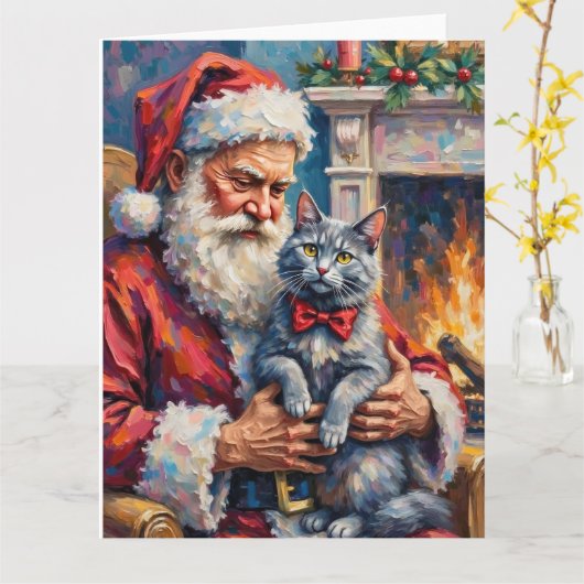 Santa Claus Oriental Blue Cat Christmas Art Kaart (Gele Bloem)