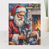 Santa Claus Oriental Blue Cat Christmas Art Kaart (Voorkant)
