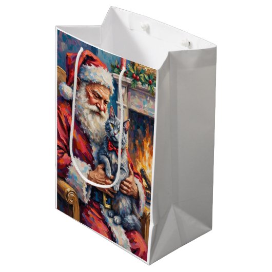 Santa Claus Oriental Blue Cat Christmas Art Medium Cadeauzakje (Voorkant Gekanteld)