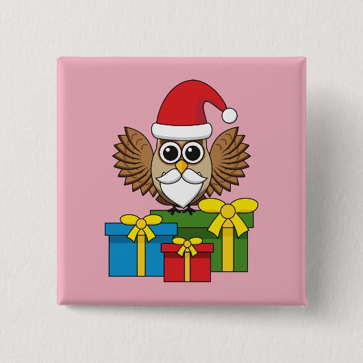 Santa Claus Owl met Cadeaus Vierkante Button 5,1 Cm (Voorkant)