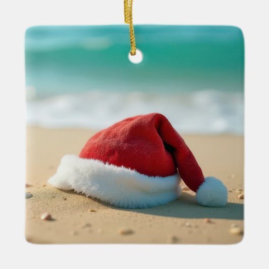 Santa Claus Pet op een tropisch strand Keramisch Ornament (Voorkant)