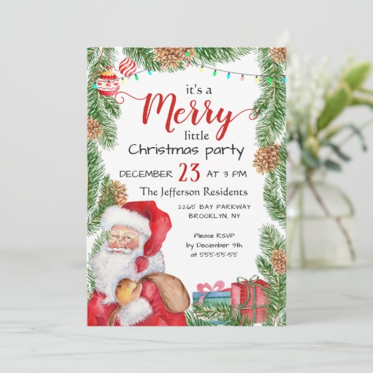 Santa Claus Pine Branch Merry Kerstparty Kaart (Staand voorkant)