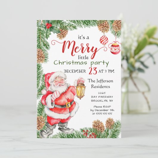 Santa Claus Pine Branch Merry Kerstparty Kaart (Staand voorkant)