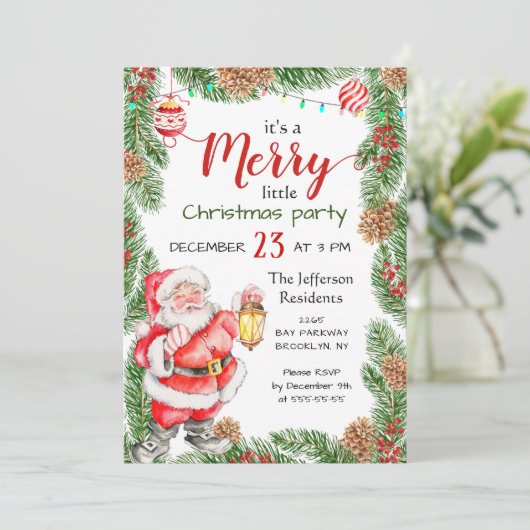 Santa Claus Pine Branch Merry Kerstparty Kaart (Staand voorkant)