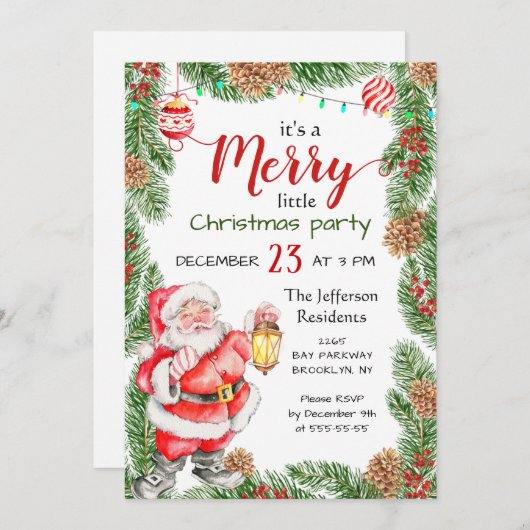 Santa Claus Pine Branch Merry Kerstparty Kaart (Voorkant / Achterkant)