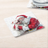Santa Claus & Pitbull Puppy Dog, Papieren Bord Kartonnen Onderzetters (Schuin)