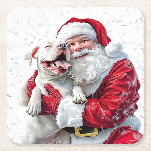 Santa Claus & Pitbull Puppy Dog, Papieren Bord Kartonnen Onderzetters (Voorkant)