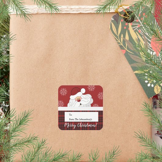 Santa Claus Plaid Square Holiday Christmas Label