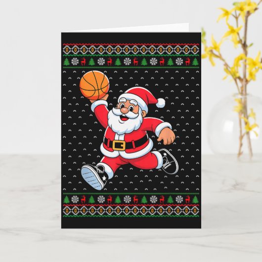 Santa Claus Playing Basketball Ugly Christmas Men Kaart (Gele Bloem)