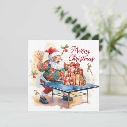 Santa Claus playing ping pong in a Hawaiian shirt Feestdagenkaart (Staand voorkant)