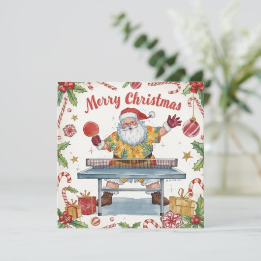 Santa Claus playing ping pong in a Hawaiian shirt Feestdagenkaart (Staand voorkant)