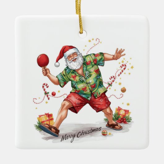 Santa Claus playing ping pong in a Hawaiian shirt Keramisch Ornament (Voorkant)