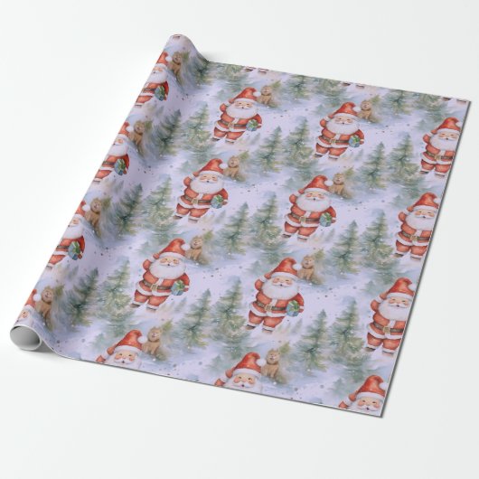 Santa Claus Puppy Sneeuw Moderne Kerstmis Cadeaupapier (Uitgerold)