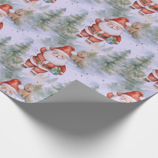 Santa Claus Puppy Sneeuw Moderne Kerstmis Cadeaupapier (Hoek)