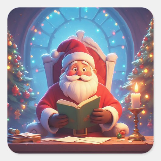 Santa Claus Reading a Book by Candlelight Vierkante Sticker (Voorkant)