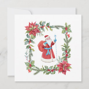 Santa Claus, Red Poinsettia en Holly Berry Feestdagenkaart