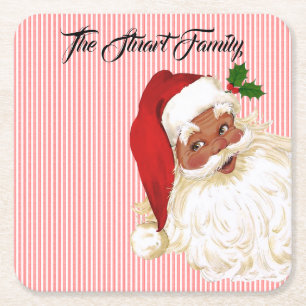 Santa Claus Red White Stripe Vierkant Papier Onder Kartonnen Onderzetters