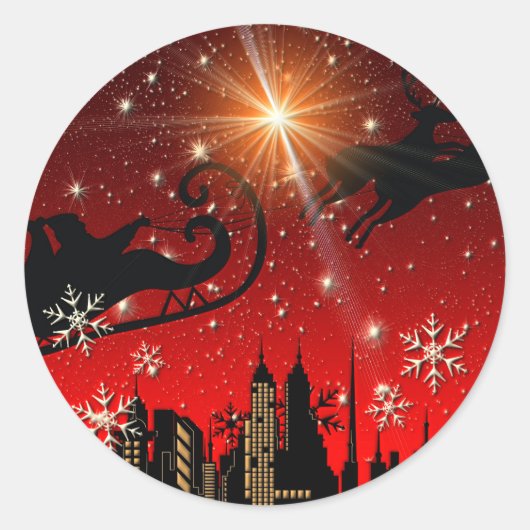 Santa Claus Reindeer en Sleigh Flying Ronde Sticker (Voorkant)