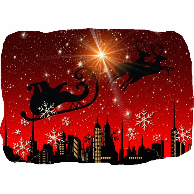 Santa Claus Reindeer en Sleigh Flying Staand Fotobeeldje (Voorkant)