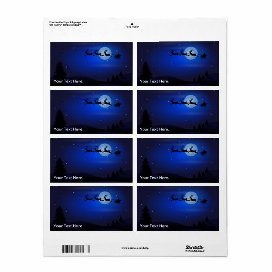 Santa Claus Reindeer en Sleigh over Moon Etiket (Full Sheet)