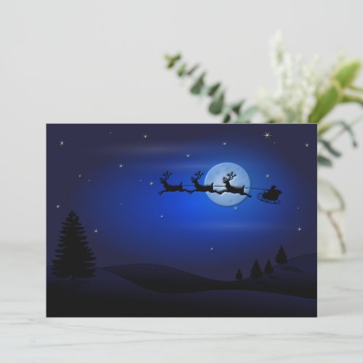 Santa Claus Reindeer en Sleigh over Moon Feestdagenkaart (Staand voorkant)