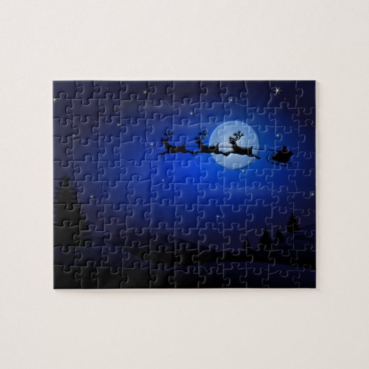 Santa Claus Reindeer en Sleigh over Moon Legpuzzel (Horizontaal)