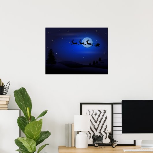 Santa Claus Reindeer en Sleigh over Moon Poster (Thuiskantoor)