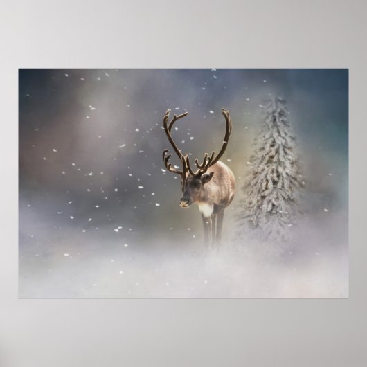 Santa Claus Reindeer in de sneeuw Poster (Voorkant)