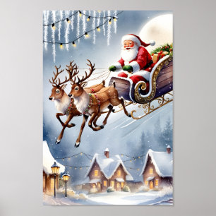 Santa Claus & Rendier Ride Snowy Scene Muurkunst Poster