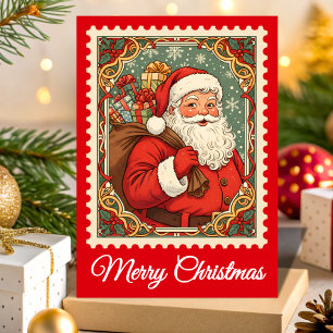 Santa Claus Retro Postzegel Kerstmis Feestdagen Kaart