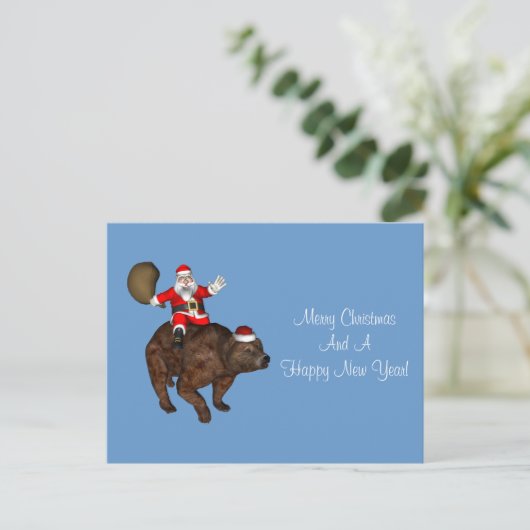 Santa Claus Riding A Beer Feestdagenkaart (Staand voorkant)