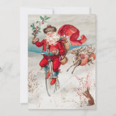 Santa Claus Riding Bicycle, rendier en konijn Feestdagenkaart (Voorkant)