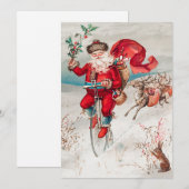 Santa Claus Riding Bicycle, rendier en konijn Feestdagenkaart (Voorkant / Achterkant)