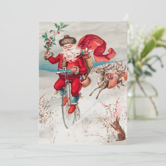 Santa Claus Riding Bicycle, rendier en konijn Feestdagenkaart (Staand voorkant)